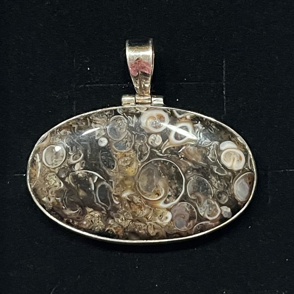 925 Sterling Silver Oval Pendant Chunky Statement Necklace Pendant. Brown tans - Picture 2 of 8